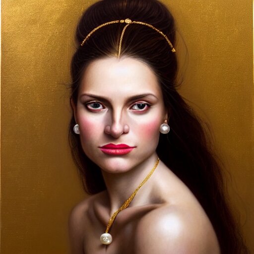 Facial portrait of a gorgeous girl, looking away from the camera, seductive smile, heavy gold jewellery, gold and pearl necklaces, elegant revealing intricate dress, sparkle in eyes, lips slightly parted, long flowing hair, no hands visible, delicate, teasing, arrogant, defiant, bored, mysterious, intricate, extremely detailed painting by Mark Brooks (and by Greg Rutkowski), visible brushstrokes, thick paint visible, no light reflecting off paint, vibrant colors, studio lighting