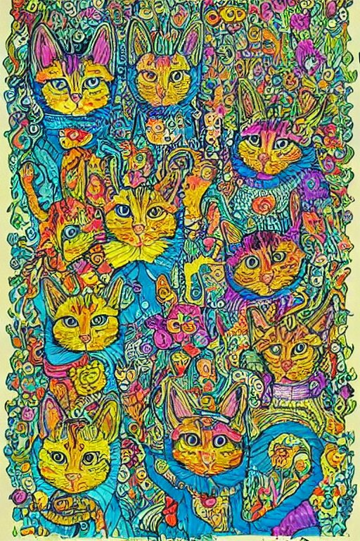 Psychedelic cats in the style of Louis Wain