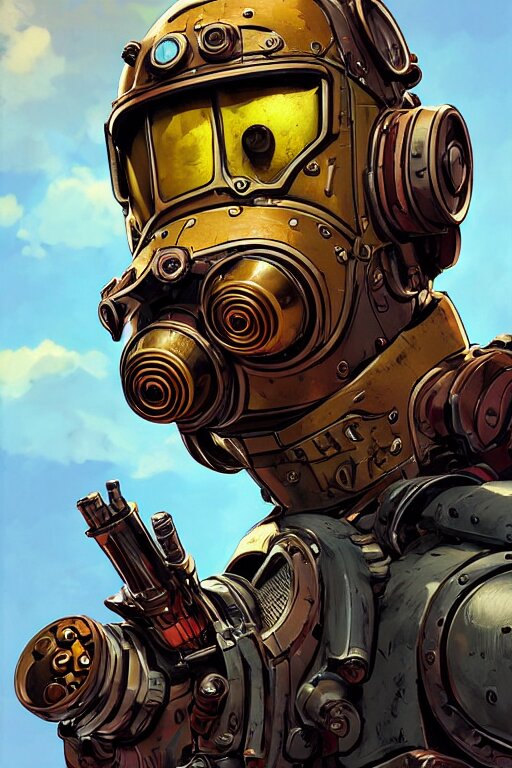 hardmesh retro futurist steampunk fallout 7 6 power armor head, hyper realistic, art gta 5 cover, official fanart behance hd artstation by jesper ejsing, by rhads, makoto shinkai and lois van baarle, ilya kuvshinov, ossdraws, that looks like it is from borderlands and by feng zhu and loish and laurie greasley, victo ngai, andreas rocha, john harris radiating a glowing aura global illumination ray tracing hdr 