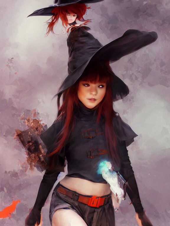 Full shot of a cute mischievous young witch about to get up to some trouble. Latin American fashion. Black and Orange palette. Latina girl. brown skin. By Ruan Jia and Artgerm and Range Murata and WLOP. Key Art. Fantasy Illustration. award winning, Artstation, intricate details, realistic, Hyperdetailed, 8k resolution.