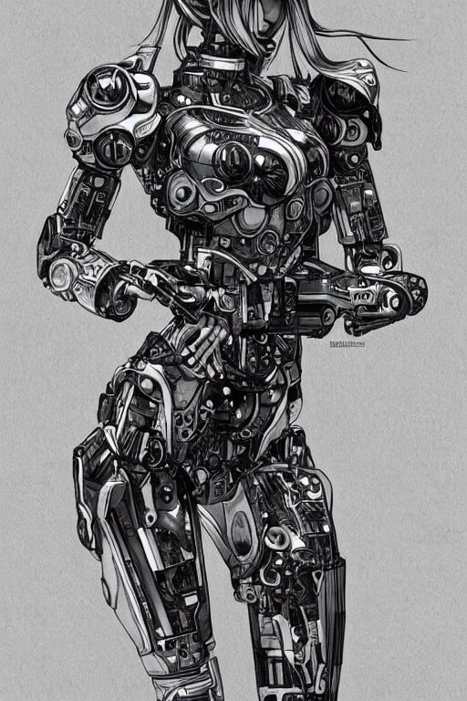 full body illustration female cyborg, highly detailed, sumi - e art, suiboku - ga ink, by kim jisu, pen and ink monochrome, mecha, deviantart, artstation, pinterest 