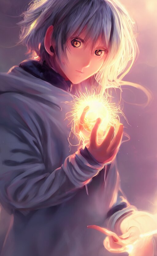 anime girl with wavy white hair in a hoodie holding an electric ball, WLOP, concept art, digital painting, trending on artstation, highly detailed, epic composition, 8k UHD