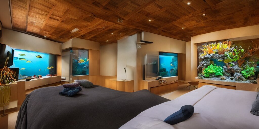 a bedroom with an aquarium behind the headboard, rays of light from the television on at midnight, calm environment, cinematic lighting, glare 
