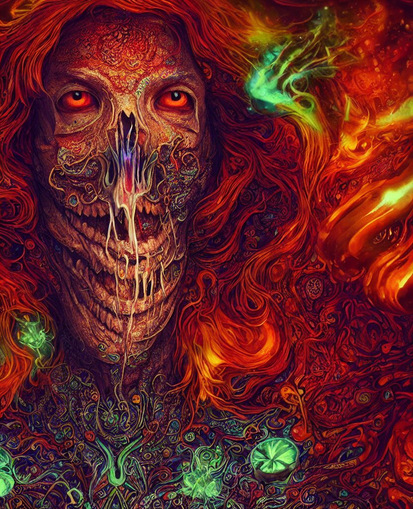 psychedelic shaman close-up portrait. amanita muscaria phoenix head, nautilus, insect, skull, ice and fire, bioluminiscent creatures, intricate artwork by Tooth Wu and wlop and beeple. octane render, trending on artstation, greg rutkowski very coherent symmetrical artwork. cinematic, hyper realism, high detail, octane render, 8k