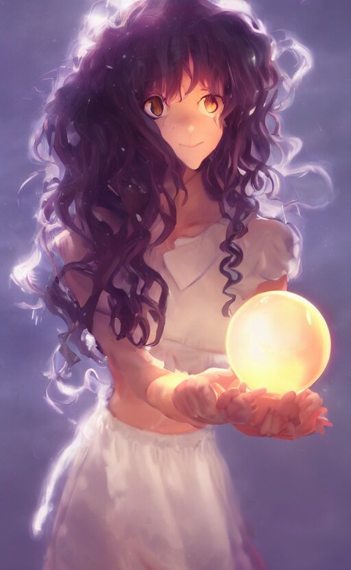 anime girl with curly hair holding a magical orb, WLOP, concept art, digital painting, trending on artstation, highly detailed, epic composition, 8k UHD