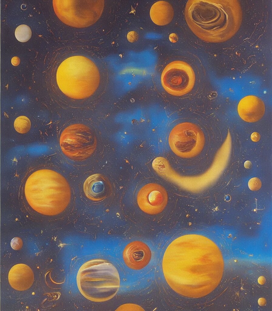 a beautiful surrealistic painting of planets and stars in the universe by salvador dali, trending on artstation., oil painting 