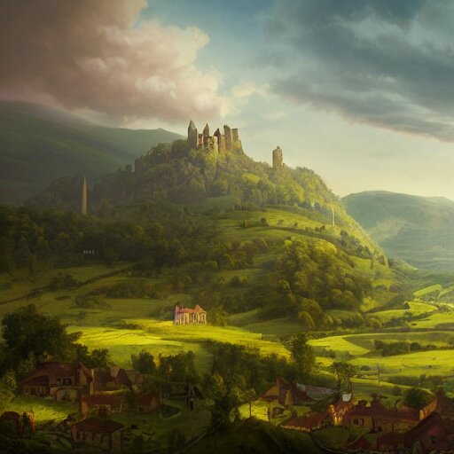 Vast verdant valley surrounded by Transylvanian mountains, with a large zeppelin hovering in the foreground, and a ruined medieval castle on the hillside in the background. No villages. Late evening light in the summer, gloomy weather. Hyperrealistic, high quality, sharp, highly detailed, peter mohrbacher,.