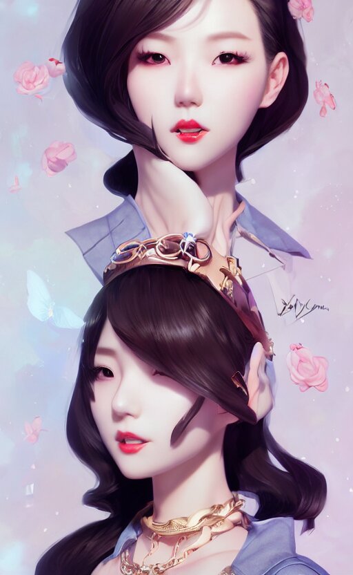 a pin up and beautiful fashion charming dreamlke korea girl with lv jewelry, character art, art by artgerm lau and kyoung hwan kim and and ilya kuvshinov and john singer sargent, hyperdetailed, 8 k realistic, symmetrical, frostbite 3 engine, cryengine, dof, trending on artstation, digital art 