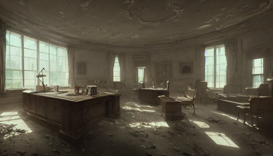 abandoned dusty oval office with lights through broken windows, hyperdetailed, artstation, cgsociety, 8 k 