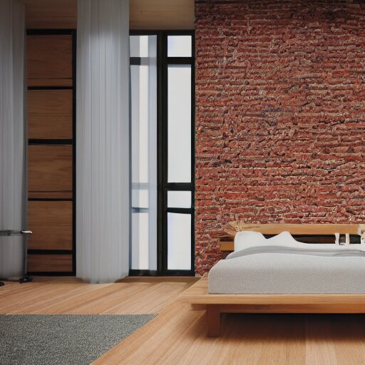 hyper realistic one point perspective of bedroom, wood, concrete, brick, glass 