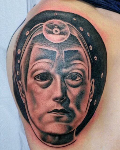 renaissance head with planets tattoo design, hyper - realistic, in the style of tony santos 