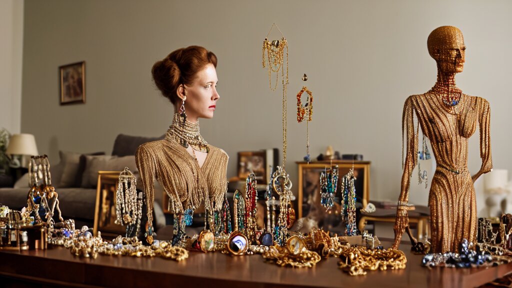 a woman made of jewelry stands in the living room, film still from the movie directed by Denis Villeneuve with art direction by Salvador Dalí, wide lens, 4K, realistic