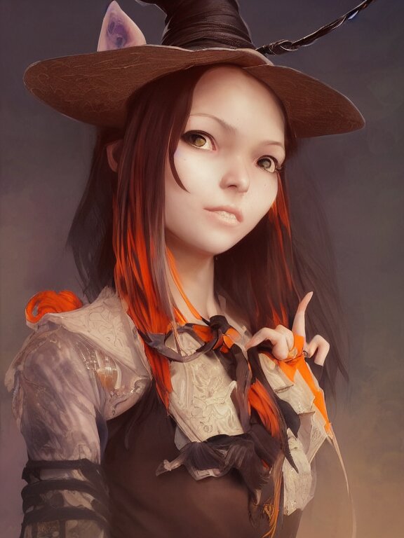 Full shot of a cute mischievous young witch about to get up to some trouble. Latin American fashion. Black and Orange palette. Latina girl. brown skin. By Ruan Jia and Artgerm and Range Murata and WLOP. Key Art. Fantasy Illustration. award winning, Artstation, intricate details, realistic, Hyperdetailed, 8k resolution.