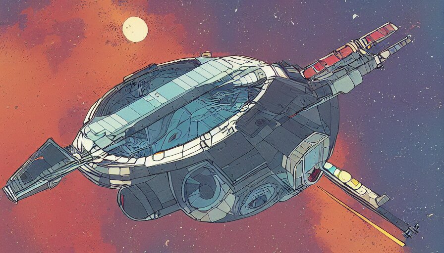 flat color illustration of futuristic spacecraft by moebius and sparth, 