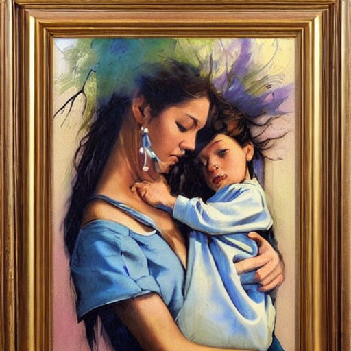 by john larriva, by aaron horkey emotive. a beautiful painting harmony of colors, simple but powerful composition. a scene of peaceful domesticity, with a mother & child in the center, surrounded by a few simple objects. colors are muted & calming, serenity & calm. 