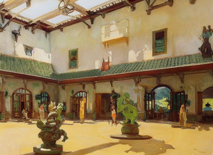 main hall with horse statues, green and brown decorations by studio ghibli painting, by joaquin sorolla rhads leyendecke 