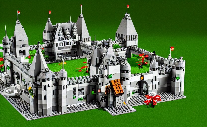 a realistic detailed accurate Lego set of a medieval French castle on a forested green hill