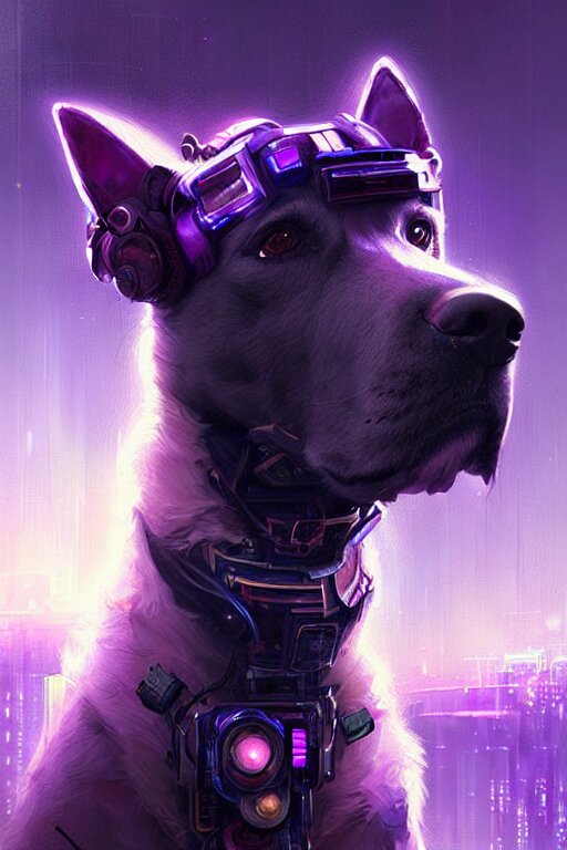 a beautiful portrait of a cute cyberpunk dog by greg rutkowski and wlop, purple blue color scheme, digital art, highly detailed, fine detail, intricate, ornate, complex 