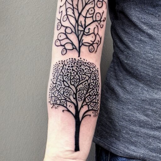 photograph of a sleeve tattoo, black ink, intricate celtic pattern with tree of life, highly-detailed, beautiful, award winning, 8k