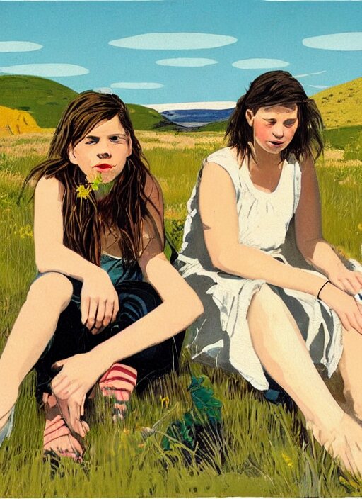 composition by justine kurland, a up - close portrait of girl friends sitting in a scenic representation of mother nature and the meaning of life by billy childish, thick visible brush strokes, shadowy landscape painting in the background by beal gifford, vintage postcard illustration, minimalist cover art by mitchell hooks 