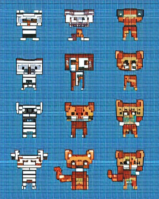 spritesheet pixel art of feline alien main character, isomorphic top down view, transparent