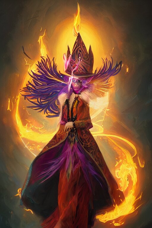 a fancy portrait of a beautiful dark magician women wearing a great witches hat covered in colourfull flames by Greg Rutkowski, Sung Choi, Mitchell Mohrhauser, Maciej Kuciara, Johnson Ting, Maxim Verehin, Peter Konig, final fantasy , mythical, 8k photorealistic, cinematic lighting, HD, high details, atmospheric,