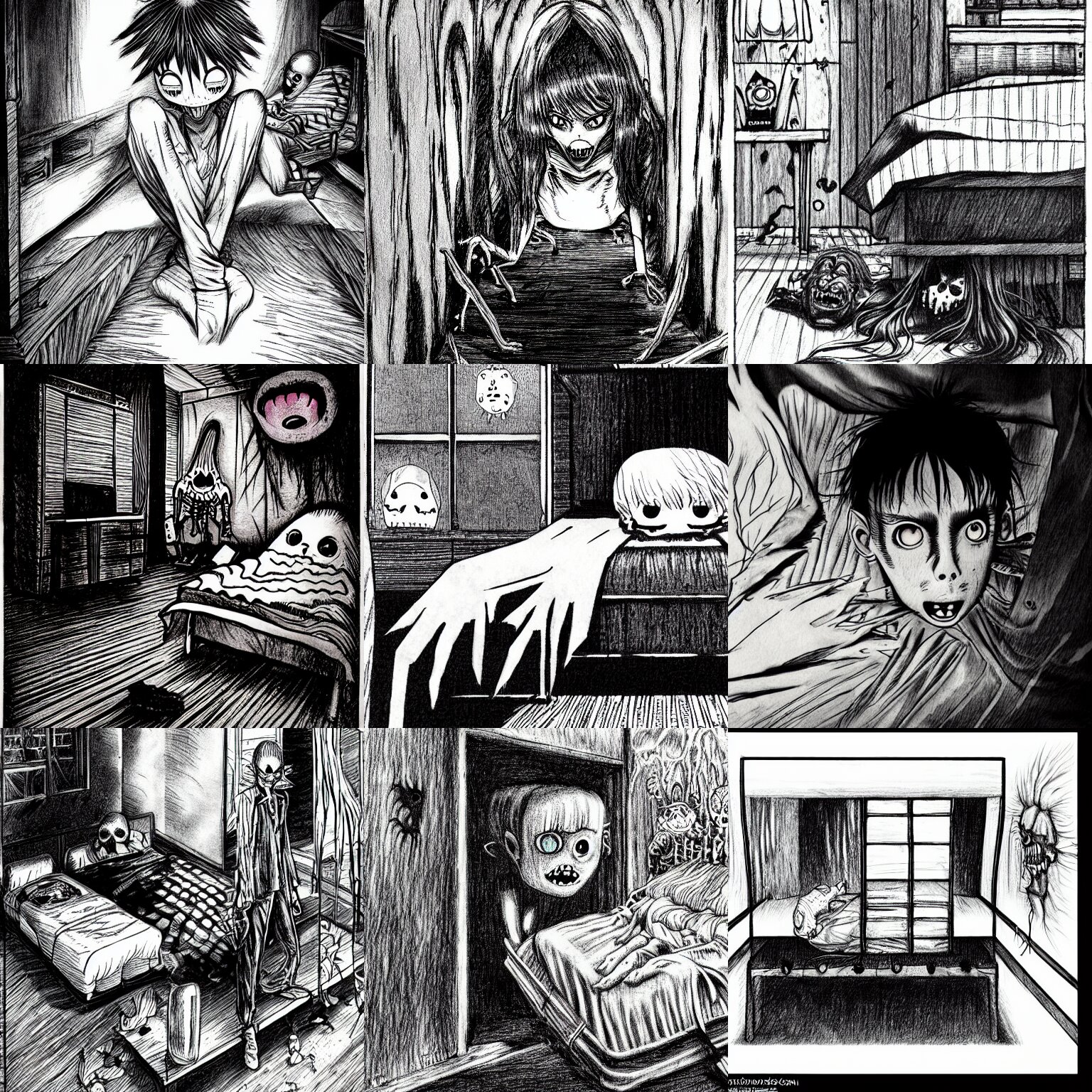 Lexica A monster under the bed, horror, creepy, dark, manga, hq, pencil, inspired by junji ito