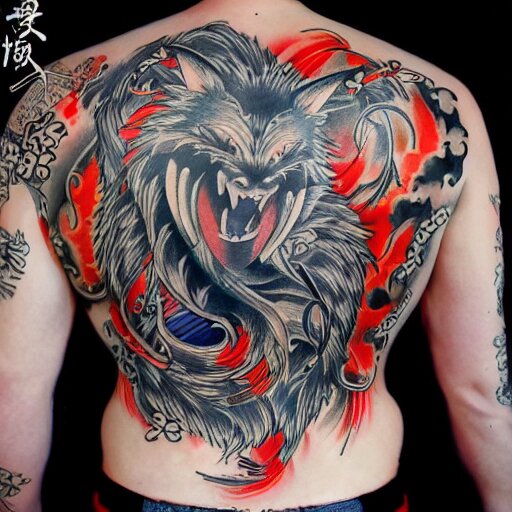 photograph of a Japanese back tattoo, colourful ink, traditional Japanese pattern depicting a werewolf, highly-detailed, beautiful, award winning, 8k