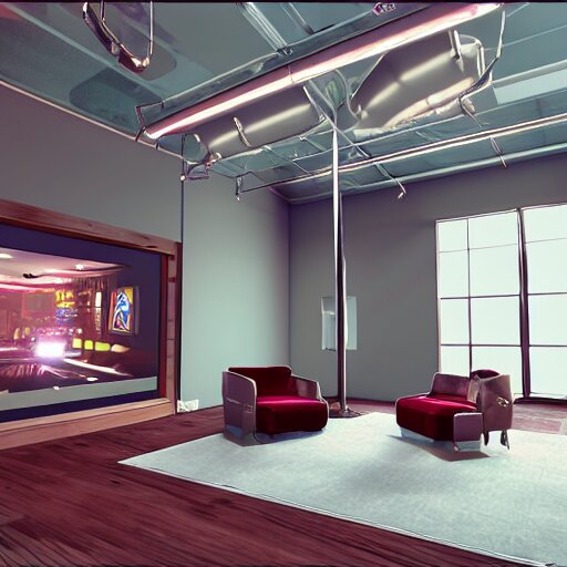 A screenshot of a Virtual Reality music studio, living room vibe, Paris loft style, red velvet furniture, light rays coming out of the windows, raytracing, highly detailed, futuristic, unreal engine 5, photoscanned, photorealistic, 