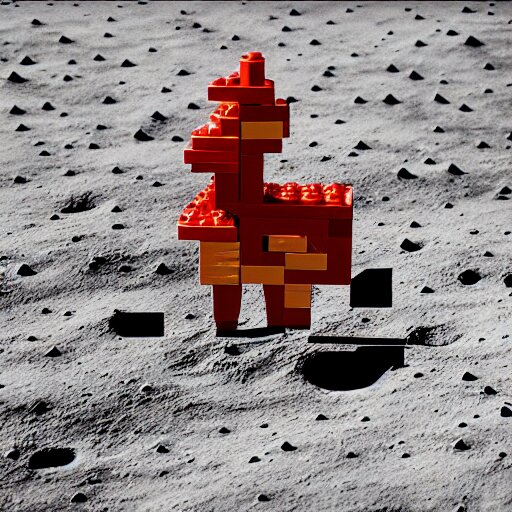 squared head rooster building a man made of legos on the moon 