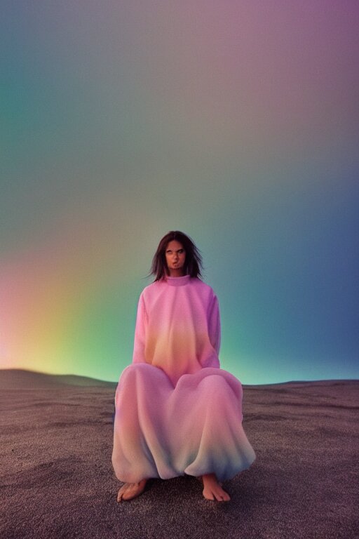 high quality pastel coloured film close up wide angle photograph of a model wearing clothing resting on cloud furniture in a icelandic black rock!! environment in a partially haze filled dreamstate world. three point light, rainbow. photographic production. art directed. pastel colours. volumetric clouds. pastel gradient overlay. waves glitch artefacts. extreme facial clarity. 8 k. filmic. 