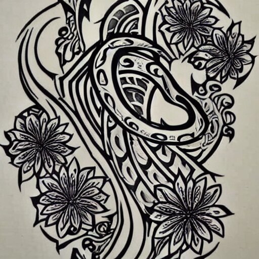 tattoo design, stencil, tattoo stencil, traditional, a cobra with its fangs out surrounded by flowers