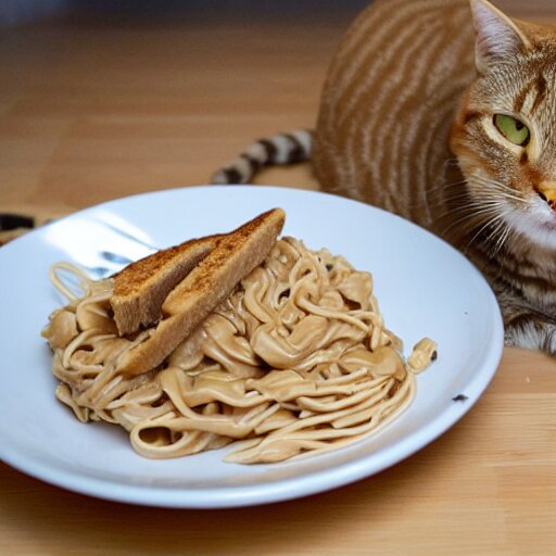 peanut butter and noodles on toast fat tabby cat watching over the food 