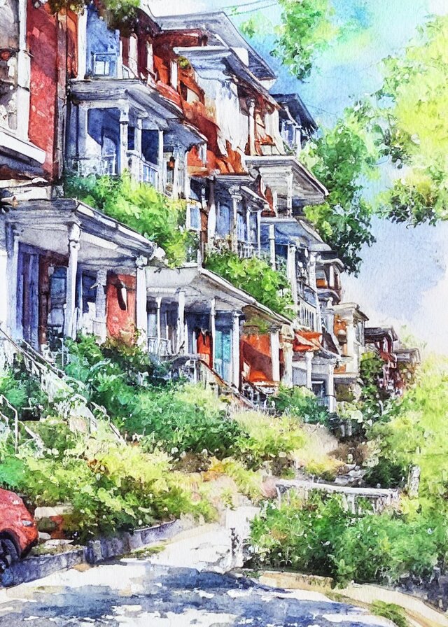 street lined with old residential houses summer watercolor by arti chauhan trending on artstation 