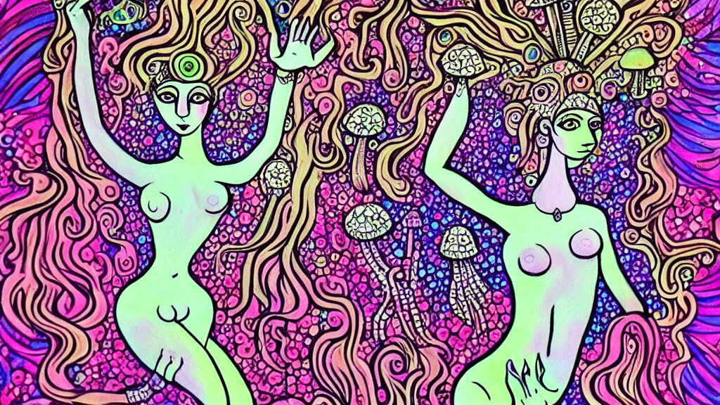 mushroom goddess, dripping crystals, full body dynamic pose, attractive form, psychedelic dmt deity, picasso, pin up girl, visionary art, fully colored and rendered 