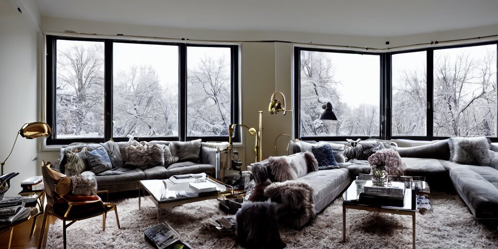 wide angle photograph, atmospheric, outside window ice winter snow, detailed, realistic lighting, sunlight, reflections, award winning contemporary interior design by kelly wearstler and nate berkus, living room, city apartment, cozy calm! fabrics textiles, books, paintings, colorful accents, brass copper, many light sources, lamps, oiled hardwood floor, plants, book shelves, couch, desk, mirrors 