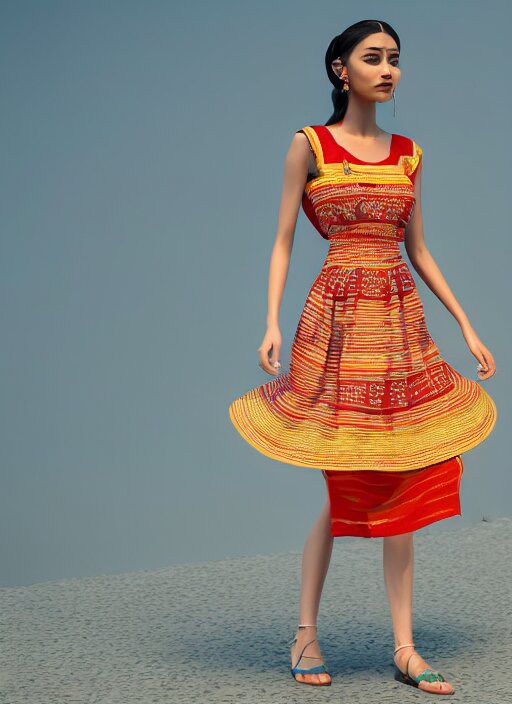 beautiful summer assamese mekehela bihu style floral gamosa dress ; flirtatious, boho - chic, sleeveless, elegant, short skirt length, slimmer demeanor, plethora of colors ; mini dress, highly detailed cute face by wlop ; octane render, unreal engine 5, trending on artstation, 8 k high resolution, global illumination ray tracing ; symmetrical, cinematic, high coherence, hdr fabric textures 