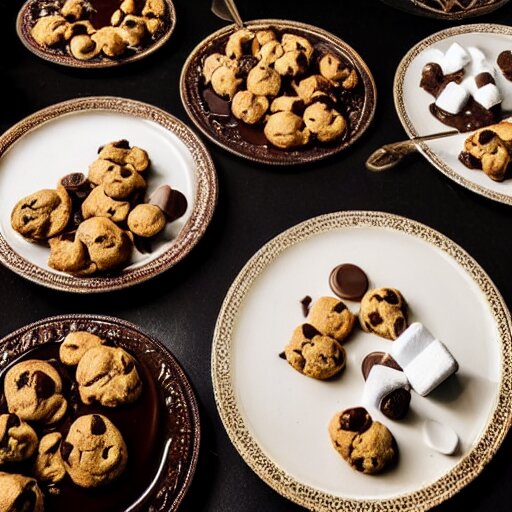 opulent banquet of plates of freshly baked chocolate chip cookies, delicious, glistening, chocolate sauce, marshmallows, highly detailed, food photography, art by rembrandt 