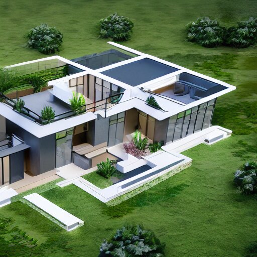 isometric view, render of a beautiful modern home designed for aesthetics, energy efficiency and maximizing plants and greenery, cg render, high resolution, professional 