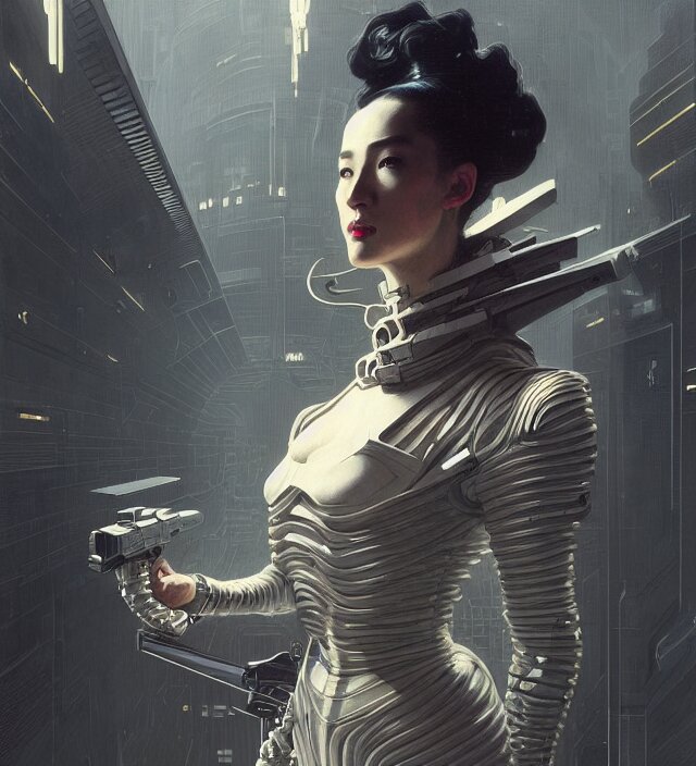 a baroque portrait of a retrofuturistic assassin in light surrounded by advanced architecture. minimalist dark wet architecture with some highly detailed science fiction details, rich colors, high contrast, moody dark background. trending on artstation an ultrafine hyperdetailed colorfull illustration by greg rutkowski, kim jung gi, moebius, irakli nadar, alphonse mucha, ayami kojima, amano, greg hildebrandt, syd mead and mark brooks, female, feminine, art deco, new baroque, intricate linework, colors by frank frazetta 