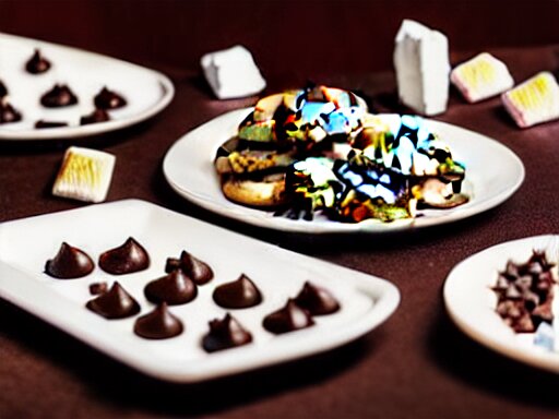 opulent banquet of plates of freshly baked chocolate chip cookies, jelly beans, chocolate sauce, marshmallows, highly detailed, food photography, art by rembrandt 