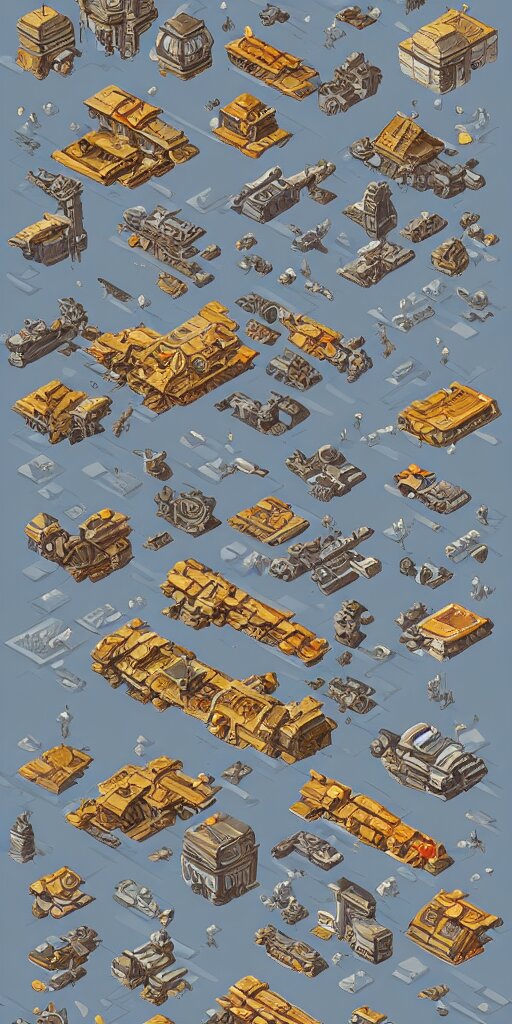 houses and shops with detailed architecture. old wrecked alien spaceships. pixel art asset sheet. isometric perspective. concept art. science fiction. 