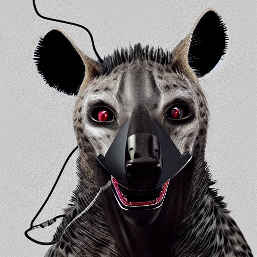 pet robot hyena, cyborg with exposed wires and metal, lights, camera lenses for eyes, realistic high quality concept art 