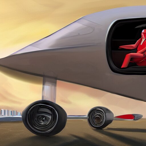 digital art, trending on artstation, a ferrari aircraft, driven by an american stanford, in an alternate world, in which humans are pets of dogs 