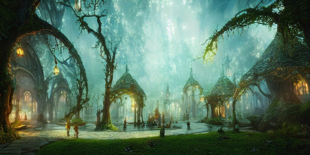 in an ethereal magical fairy city, highly detailed, 8 k, hdr, award - winning, octane render, artstation, volumetric lighting 