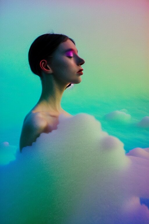 high quality pastel coloured film close up wide angle photograph of a model wearing clothing swimming on cloud furniture in a icelandic black rock!! environment in a partially haze filled dreamstate world. three point light, rainbow. photographic production. art directed. pastel colours. volumetric clouds. pastel gradient overlay. waves glitch artefacts. extreme facial clarity. 8 k. filmic. 