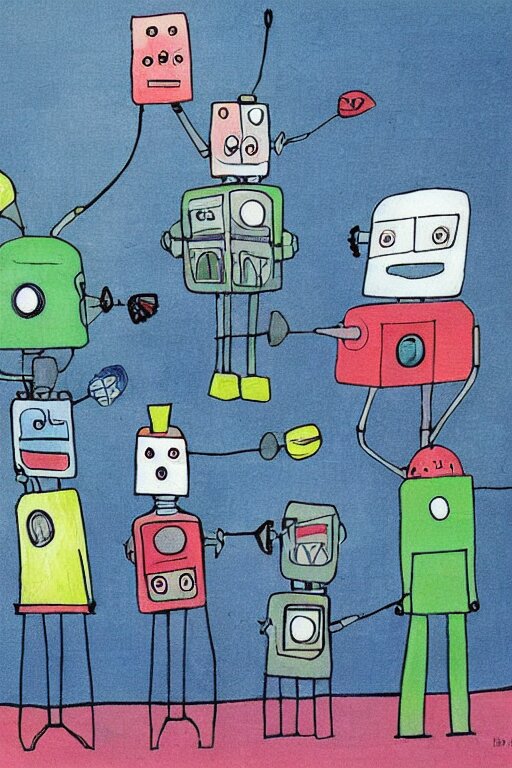 children's book illustration of robots watching tv by margret rey 