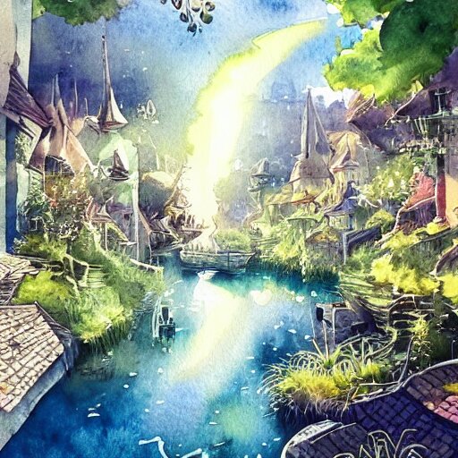 Beautiful happy picturesque charming sci-fi village in harmony with nature. Beautiful light. Water and plants. Nice colour scheme, soft warm colour. Beautiful detailed watercolor by Lurid. (2022)