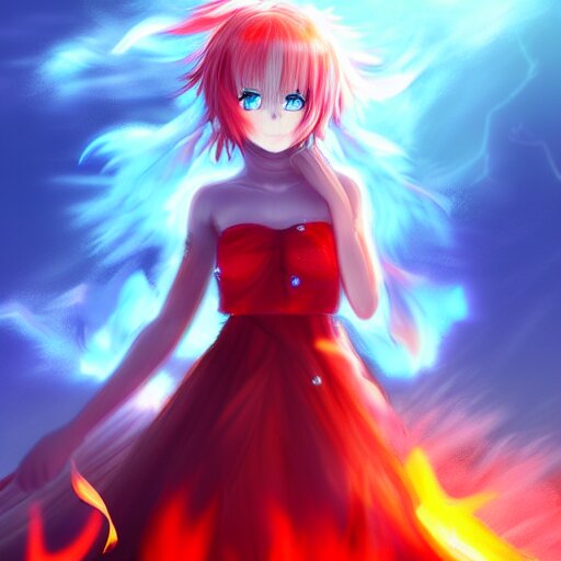 advanced digital anime art, a very cute gorgeous teenage girl made of fire and ice with red fiery watery eyes glancing over her left shoulder wearing a dress made of water is standing in an apocalyptic burning city, full body, full round face, dramatic cinematic lighting, highly intricately detailed, trending on pixiv, Artstation, painted by Rossdraws and the style of Sakimimichan