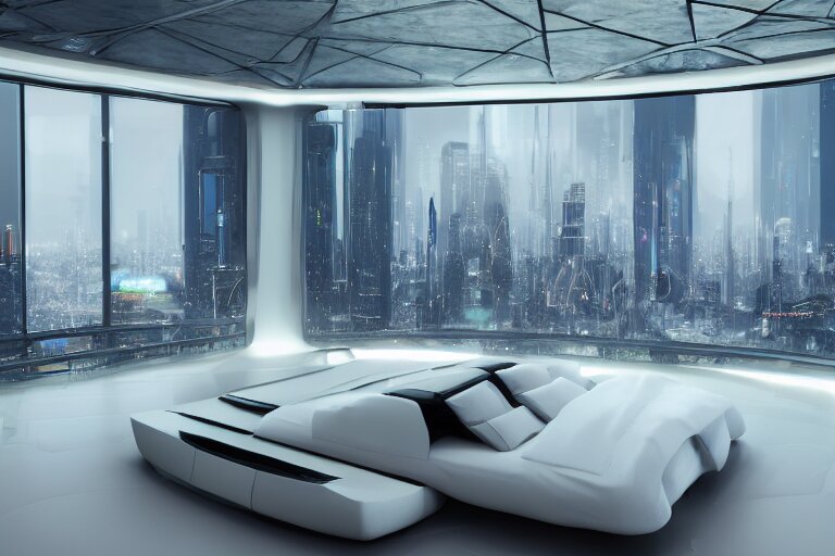 a futuristic luxury white bedroom with curved ceiling high windows looking out to a far future cyberpunk cityscape with many flying cars, night time, neon lights, cinematic 3d render, unreal engine 5, cgsociety